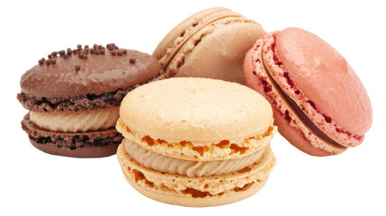 Various types of colorful macaroons arranged on a clean white surface