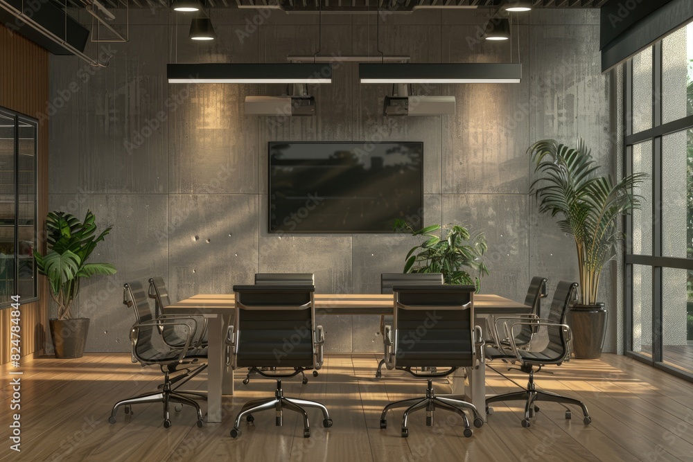 Poster Front view of empty modern conference room with office table and chairs.