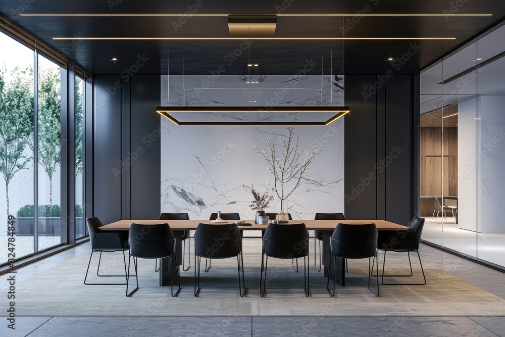 Poster Front view of empty modern conference room with office table and chairs.