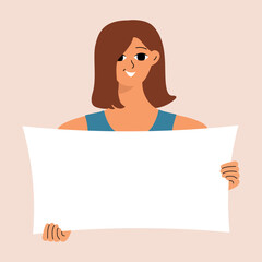 Young woman holding blank placard, poster, mockup. Pretty girl swowing empty presentation. Isolated illustration.
