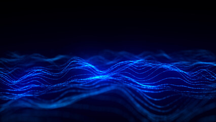 Blue wave of particles and lines. Big data visualization. Abstract background with a dynamic wave. 3d rendering.
