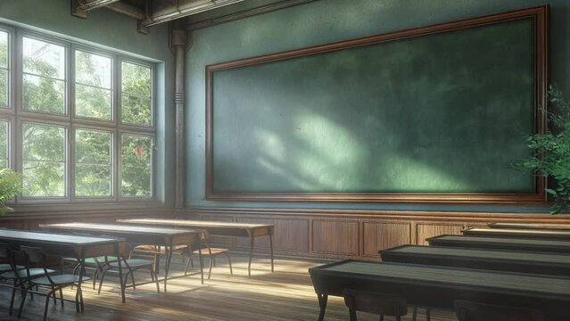 Empty classroom with desk, tables, chalkboard and chairs, at school or university motion seamless looping animation landscape cartoon video background