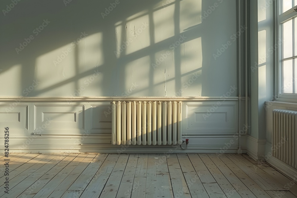 Poster warm sunlight casting shadows from a window onto an empty room with radiator