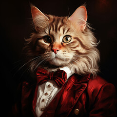 A cat wearing an red  aristocratic outfit 