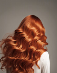 Fototapeta premium back view of copper colored long and wavy woman's hair, hair advertising shot, isolated white background 