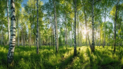 Summer birch forest, beautiful landscape. Birch tree forest