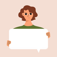 Young woman holding blank placard, poster, mockup. Pretty girl swowing empty presentation. Isolated illustration.