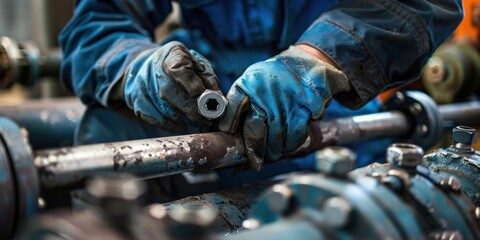 An Engineer installs tightening bolts and nuts for a piping flange system in an industrial plant