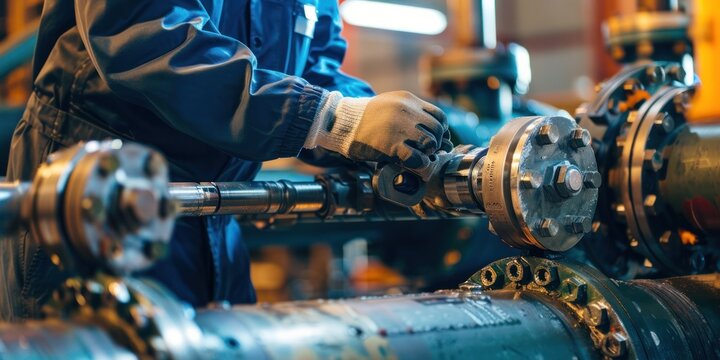 An Engineer installs tightening bolts and nuts for a piping flange system in an industrial plant