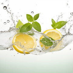 illustration of a yellow lemon and lemon slices with mint leaves in dynamic water
