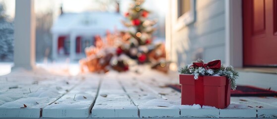 Festive Christmas gift box on a snowy porch with a beautifully decorated tree and cozy house in the background, creating a warm holiday scene.