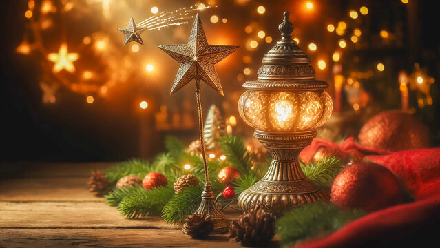 Christmas lamp and shooting star background, emphasizing the warm and magical atmosphere