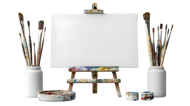 Artist's Painting Setup with Canvas and Paintbrushes for Creative Art, Isolated on White, Transparent Background, PNG File, Hand Edited Generative AI