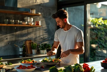 A fit, handsome young man is seen making breakfast from healthy food and vegetables in his kitchen at home. The photo highlights a commitment to wellness and home-cooked meals.