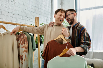 A gay couple in a designer workshop, collaborating on trendy attire.