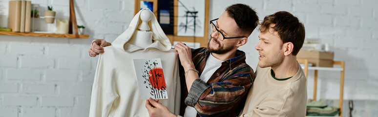 Two men, a gay couple, stand together in a designer workshop, collaborating on trendy attire...