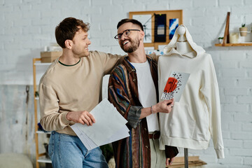 Two men, a gay couple, stand side by side in a designer workshop, collaborating on trendy attire.