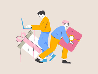 Fototapeta premium Holiday shopping people doing e-commerce online shopping flat vector concept operation hand drawn illustration 
