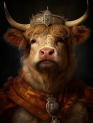 Realistic lifelike cow  in renaissance regal medieval noble royal outfits