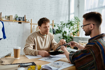 Two men working together on a trendy attire design in a designer workshop.