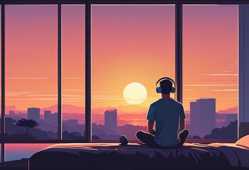 Man with headphones sits by a window at sunset 