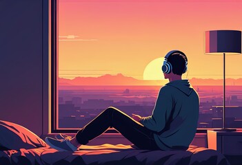 Man with headphones sits by a window at sunset 
