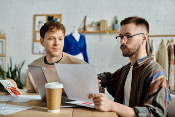 Two men in a designer workshop focus intently on creating trendy attire together.