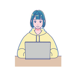 パソコンを使って勉強するアニメ調の女の子