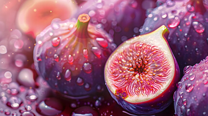 Red purple fig fruits background with drops of water generative ai