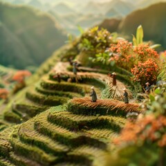 Harvest season, Labor Day, creative green ecology. Miniature figures and miniature grain farmers in rice fields, growing wheat, rice mountains, orange berries, small figures on rice mountains, rice 