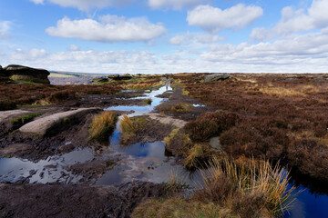 Thick mud and deep puddles block a Peak District footpath.