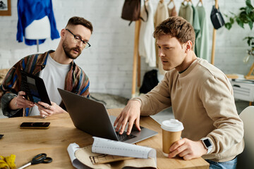 Two men, a gay couple, sit at a table working together on a laptop in a designer workshop.
