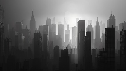 A black and white photo of a city skyline with tall buildings