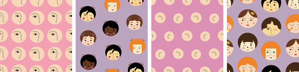 Four surface patterns bundle, comely girlish faces. Abstract colorful background design, girl visage, repeatable texture.