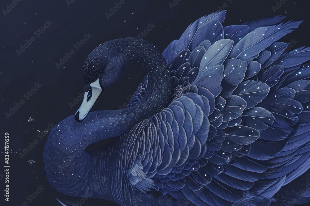 Wall mural Digital art depiction of a graceful blue swan against a starry night background