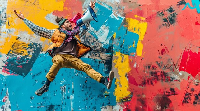 A painting showing a person leaping energetically with a megaphone, set in a vibrant collage style with trendy colors. Generative AI