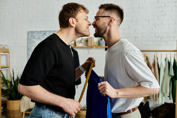 Two men stand side by side in a designer workshop.