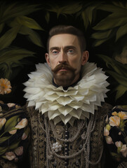 Portrait of a King in royal clothing. Creen flowers background