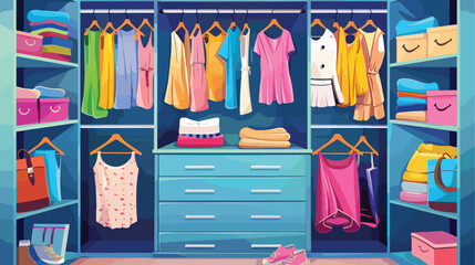 Wardrobe with clothes hanging. Closet trendy outfits