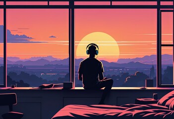 Man with headphones sits by a window at sunset