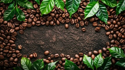 Fresh coffee beans with coffee leaves, decorated as a beautiful picture, beautiful composition Suitable for decorative cutting