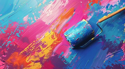 A painting with bright colors and a paint roller with blue paint on it - Powered by Adobe
