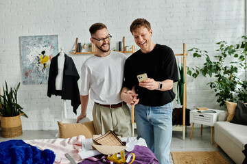 Two men, a gay couple, stand together in a designer workshop, discussing trendy attire.