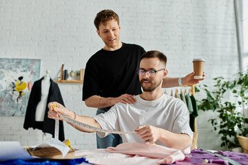 Two men in designer workshop, savoring coffee as they collaborate on creating trendy attire.