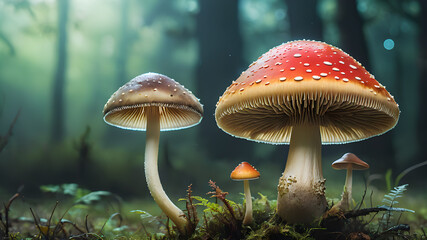 Fototapeta premium Autumnal Fungi Wonderland with mushrooms: Vibrant red Amanita toadstools adorn the forest floor, adding a whimsical touch to nature's autumnal splendor.