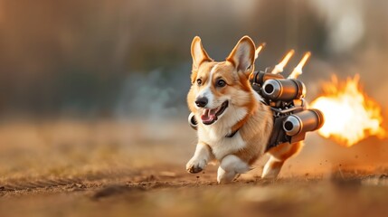 A corgi equipped with rocket engines on its back, sprinting at high speed across an open field. 