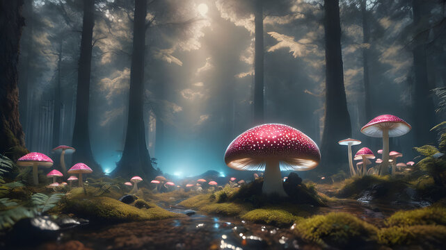 Fall Foliage Fungus: Vibrant red Amanita toadstools pop against the backdrop of autumn foliage, adding charm to the forest floor with mushrooms.