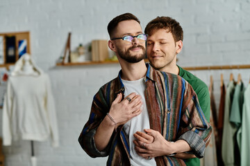 Two men hugging while standing together in atelier