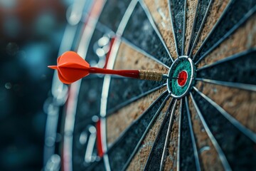 Dart in the middle of a bullseye reaching the target with good aim , success concept image