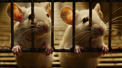 The use of small rodents in scientific cruel inhuman experiments. Close-up of two small white mice sitting in a cage, holding on to metal bars